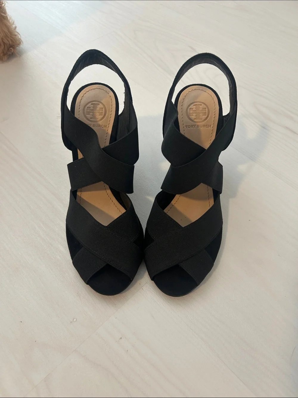 Tory Burch Black Crisscross Elastic Slingback Wedges